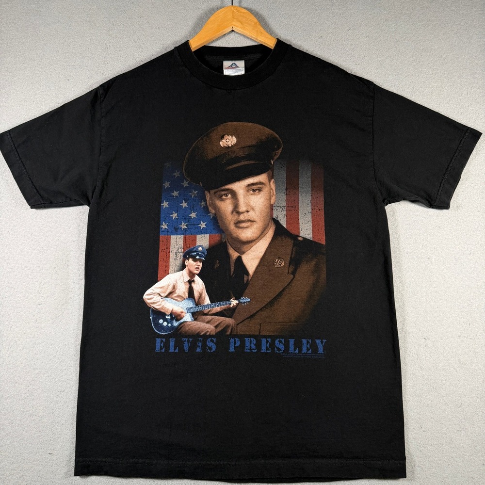 Vintage Elvis Presley Military Graphic T-Shirt Black Men Large USA Fabric AAA